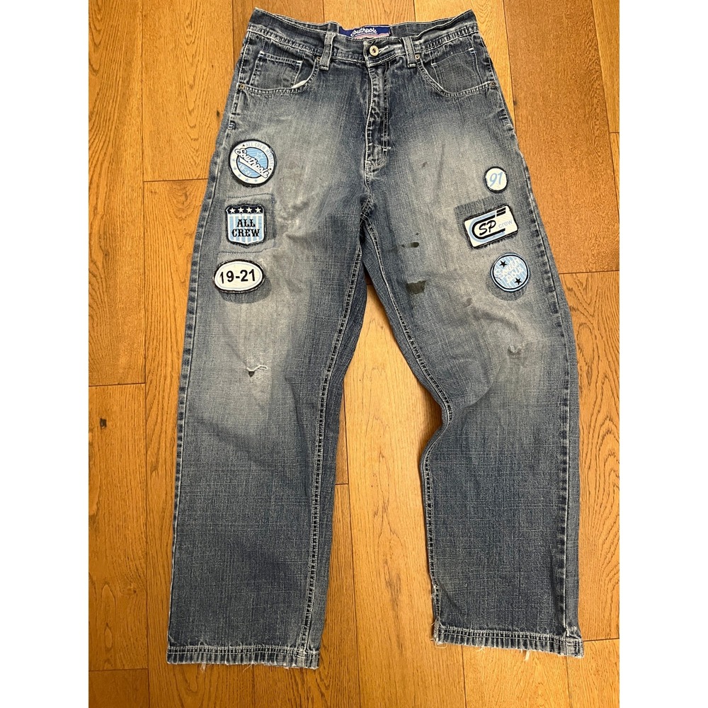 Southpole Baggy Denim Jeans Mens 34x32 Blue Patched Y2K Skater Wide Leg Thrashed